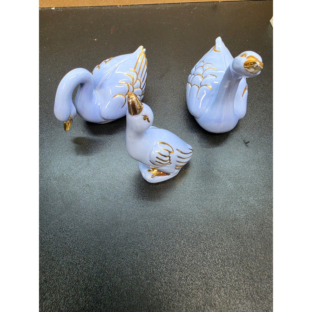 Vintage Periwinkle Blue Ceramic Swan Goose Figurine Set Gold Gilt Accents 3pc
